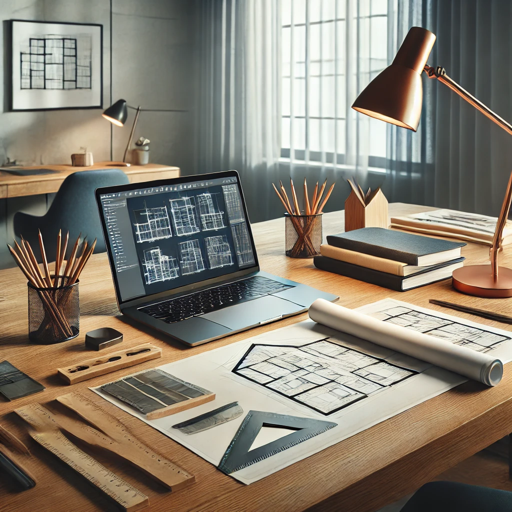 Une table en bois dans un bureau d'architecte moderne, avec des outils essentiels tels que des crayons techniques, une équerre, un ordinateur portable affichant un logiciel de CAO, des échantillons de matériaux, des plans architecturaux déployés, et une lampe de bureau allumée. À l'arrière-plan, une grande fenêtre laisse entrer une lumière naturelle douce, créant une atmosphère de travail calme et inspirante.